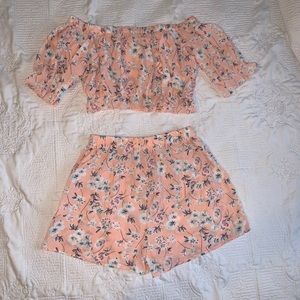 Pink Floral off the shoulder crop top and shorts